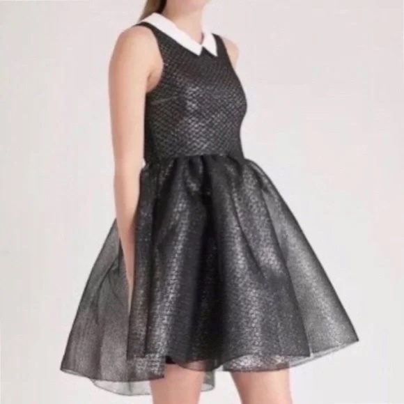 Maje • Black & Silver Rider Metallic Fit And Flare Mini Dress • Size L - Picture 1 of 5